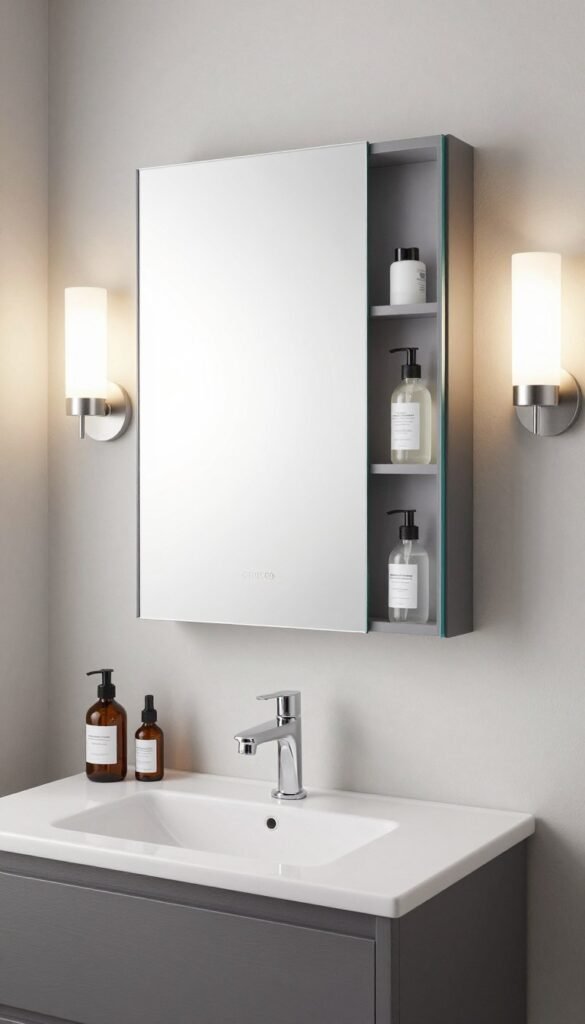 A bathroom featuring a recessed mirrored cabinet with a thin frame above a modern vanity, providing hidden storage