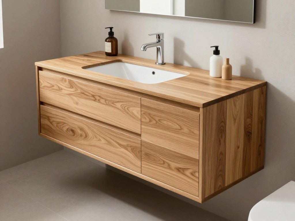 A bathroom featuring a vanity in natural oak wood with visible grain and warm honey tones