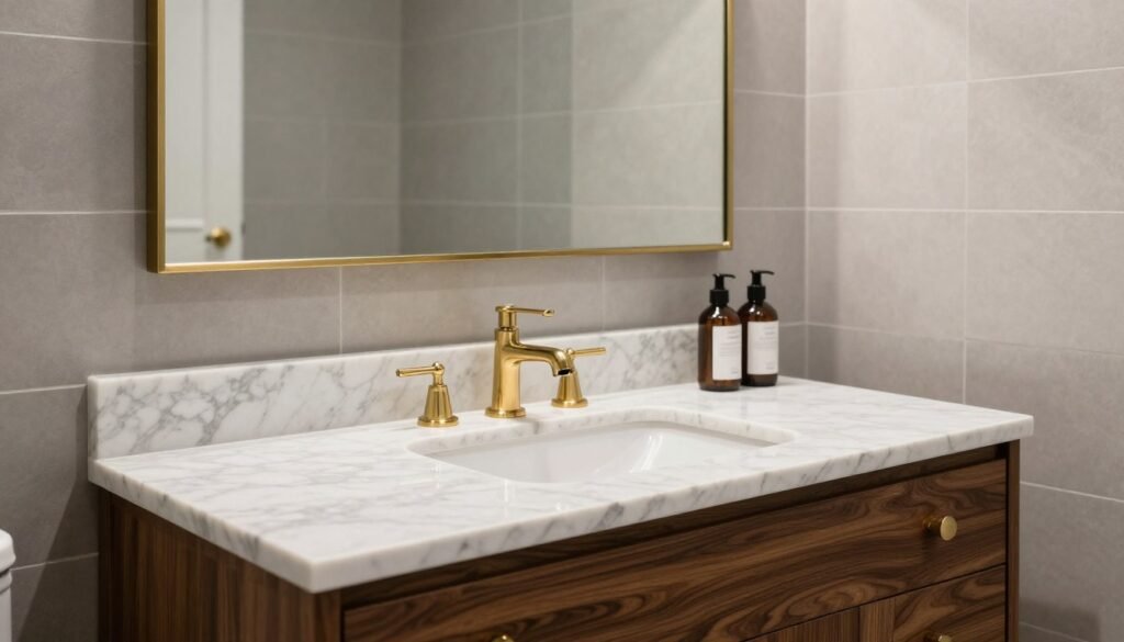 A bathroom featuring a wood bathroom vanity with a white marble countertop and undermount sink