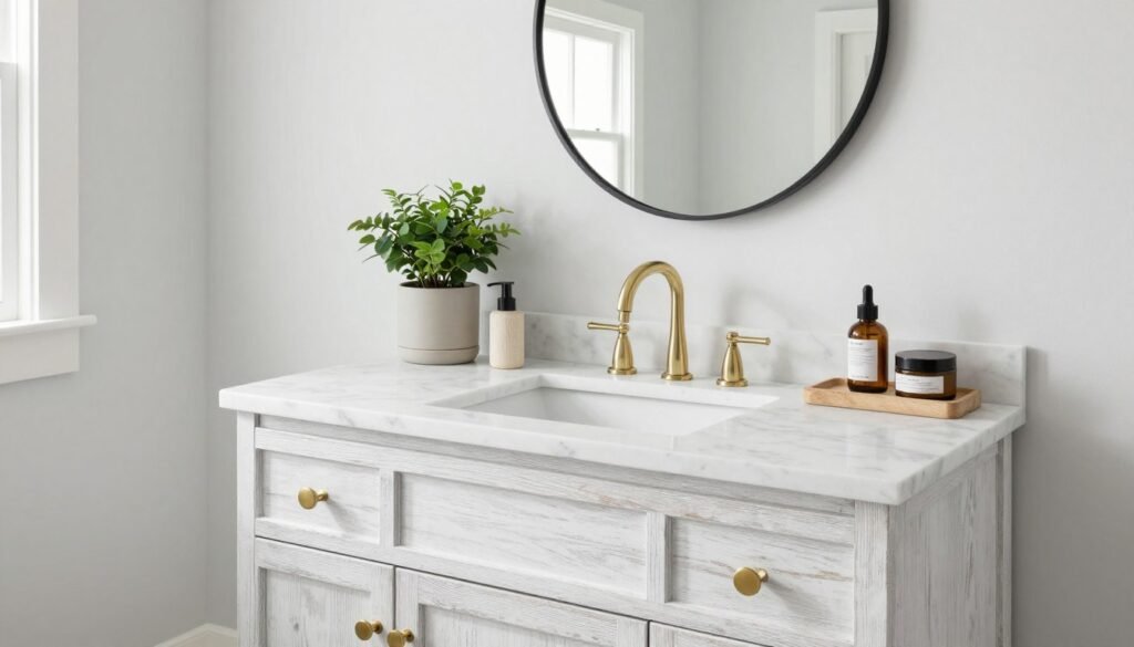 A bathroom featuring a wood bathroom vanity with a whitewashed finish and brass hardware