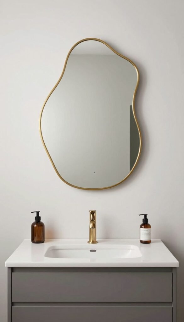 A bathroom featuring an asymmetrical, organic-shaped mirror with a brass frame mounted above a modern vanity