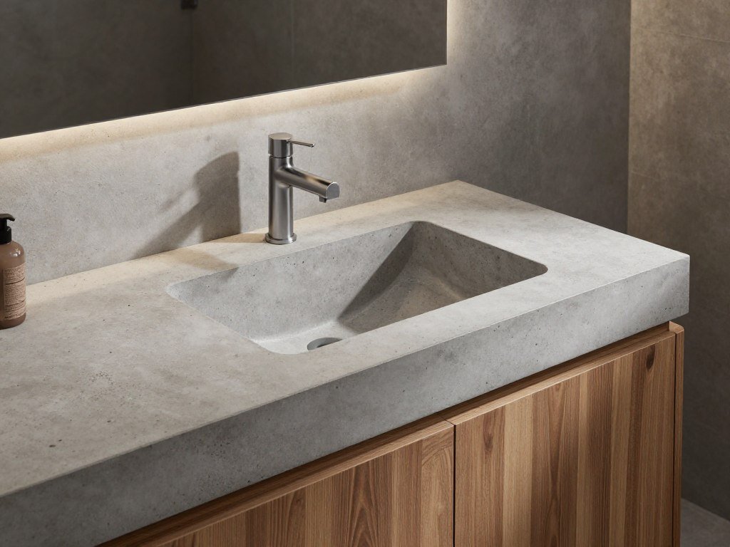A bathroom vanity featuring a concrete countertop with integrated sink and wood cabinet base