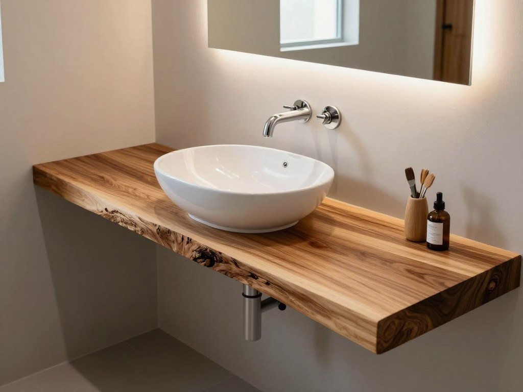 A bathroom vanity featuring a live edge wood slab countertop with vessel sink and wall-mounted faucet
