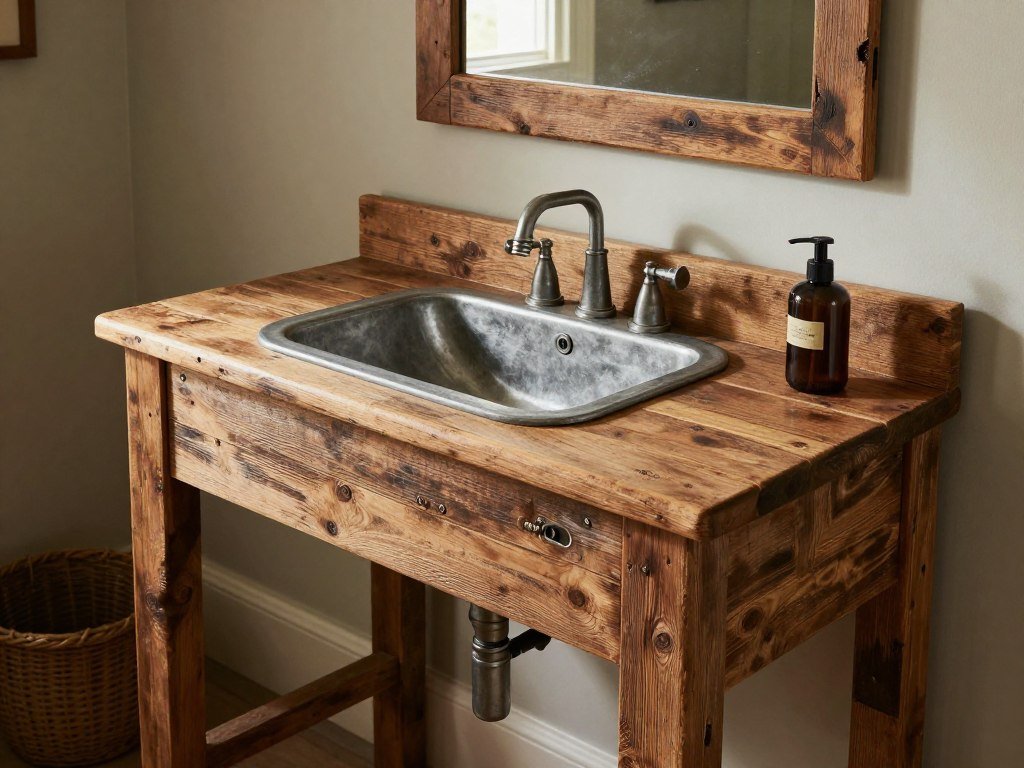 A bathroom vanity made from reclaimed barn wood with metal basin sink and industrial pipe fixtures
