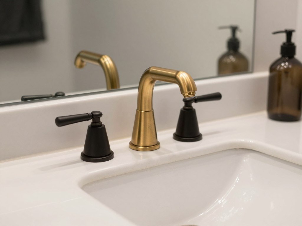 A bathroom vanity showcasing mixed metal finishes with brass faucets and matte black hardware
