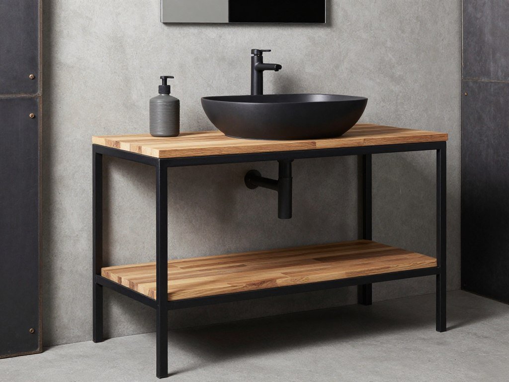 A bathroom vanity with black metal frame, wood shelves, and vessel sink creating an open, industrial aesthetic