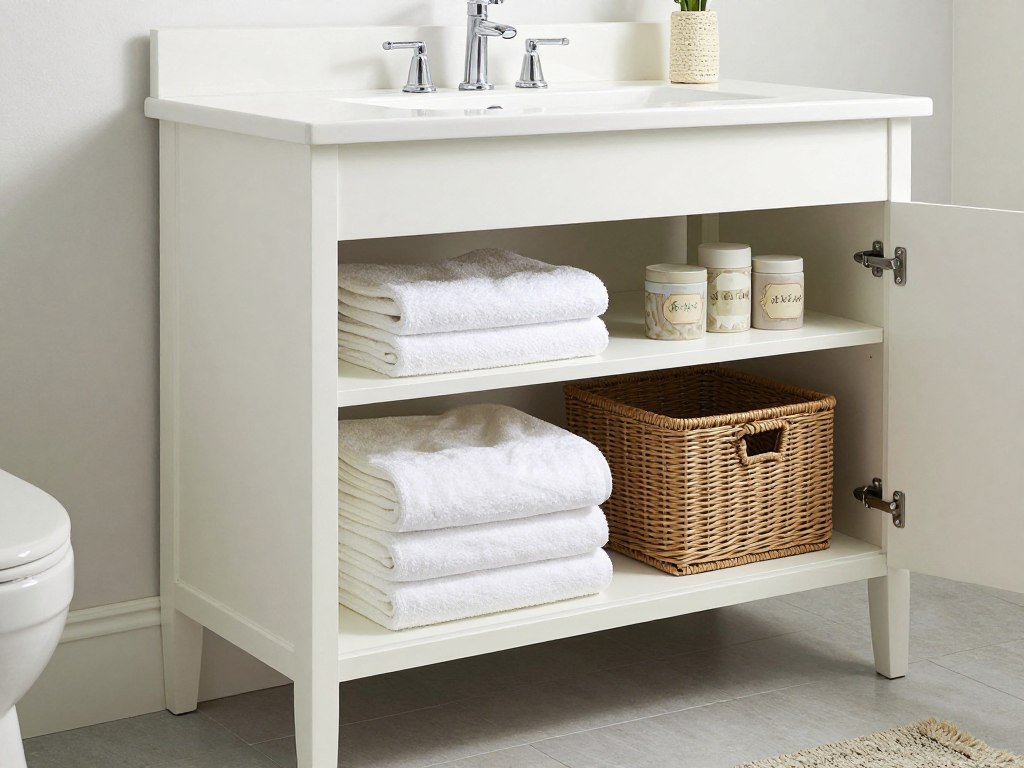 A bathroom vanity with open shelving below displaying neatly folded towels and decorative storage baskets