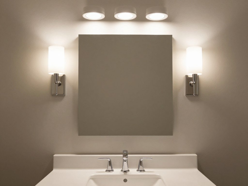 A bathroom vanity with sconces on either side of the mirror and additional overhead lighting