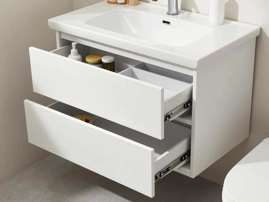 A bathroom vanity with various storage solutions including drawers, cabinets, and organizational accessories