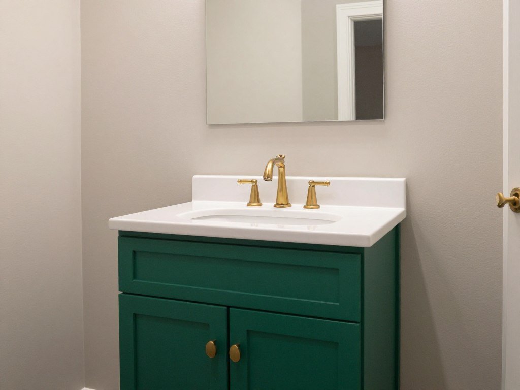A bathroom with a bold emerald green vanity paired with brass hardware and neutral walls