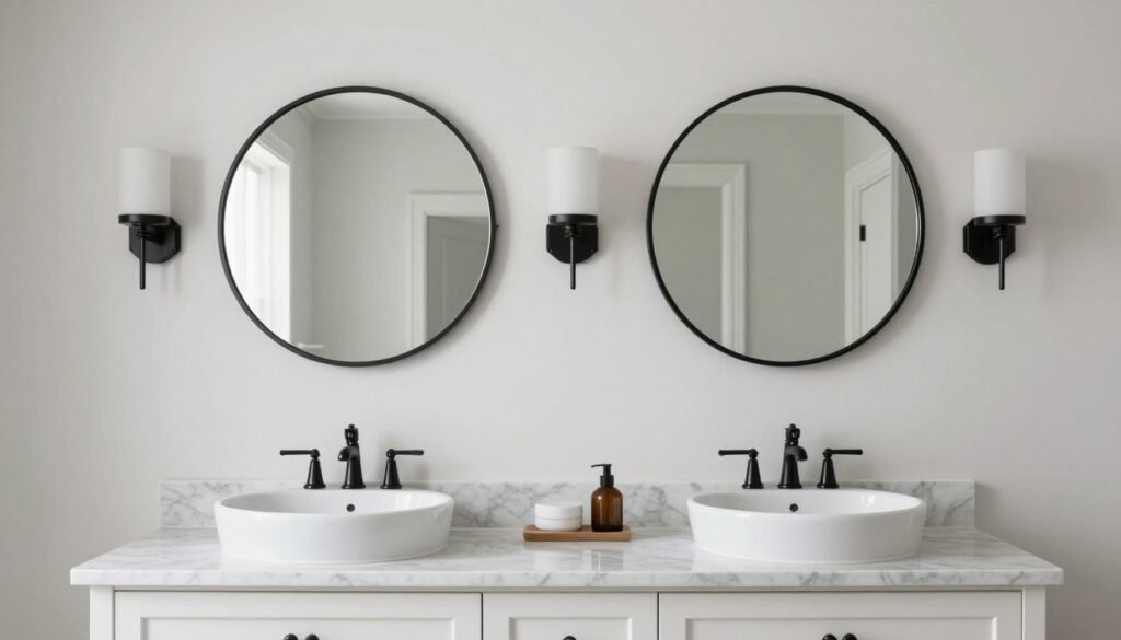A bathroom with a double vanity featuring two identical round mirrors with black frames above each sink, with wall sconces in between