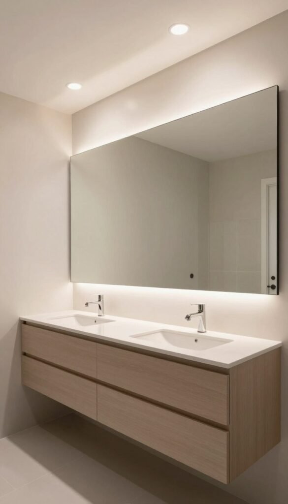 A bathroom with a full-wall mirror extending from the vanity to the ceiling, creating an illusion of expanded space