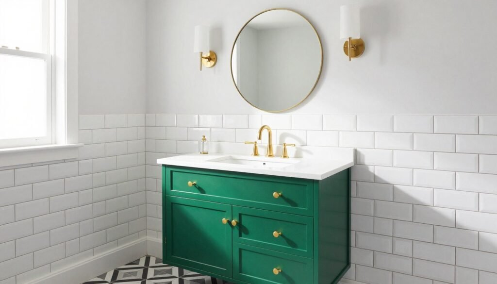 A bathroom with emerald green vanity against white subway tile walls and geometric floor tiles