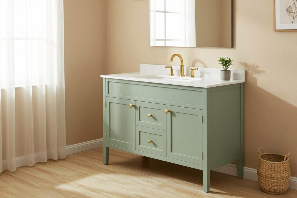 A bathroom with sage green vanity against warm beige walls creating a harmonious, earthy palette