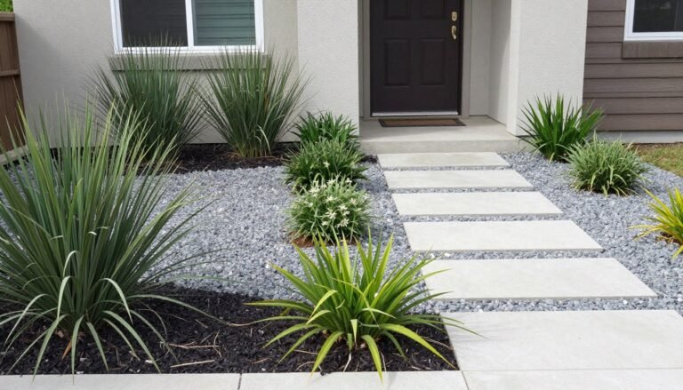 A beautiful low-maintenance front yard with drought-tolerant plants, decorative gravel, and a simple pathway leading to the front door