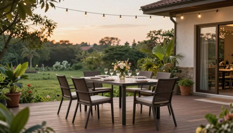 A beautiful patio dining set arranged on a wooden deck with string lights overhead and lush greenery surrounding it