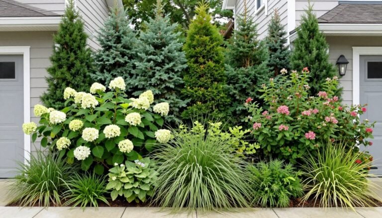 A beautiful privacy landscaping border between two houses featuring layered evergreens, flowering shrubs, and ornamental grasses creating a natural screen