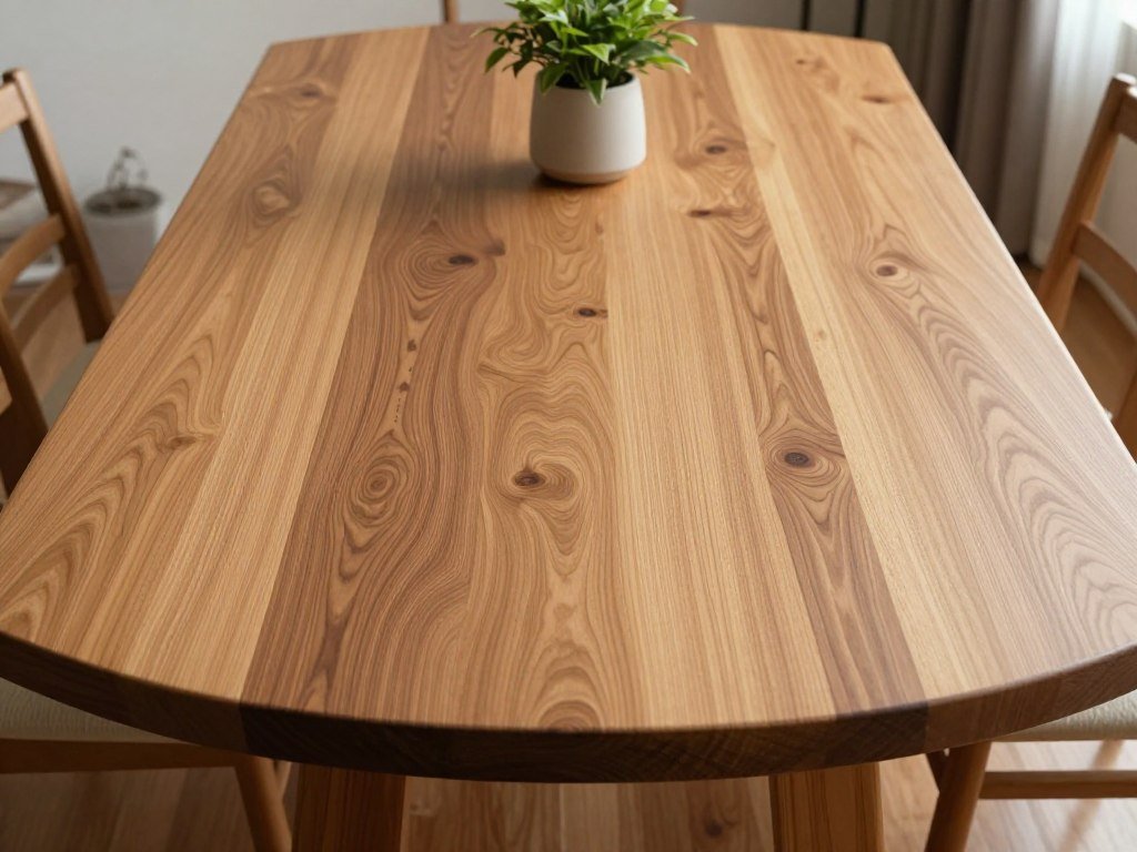 A beautiful solid wood dining table showing natural grain patterns and warm tones in a cozy dining setting