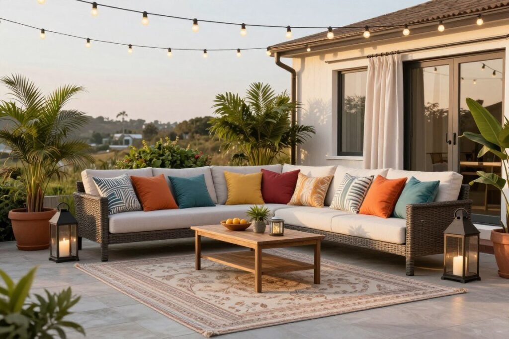 A beautifully accessorized patio with outdoor rug, lighting, and planters enhancing the furniture layout