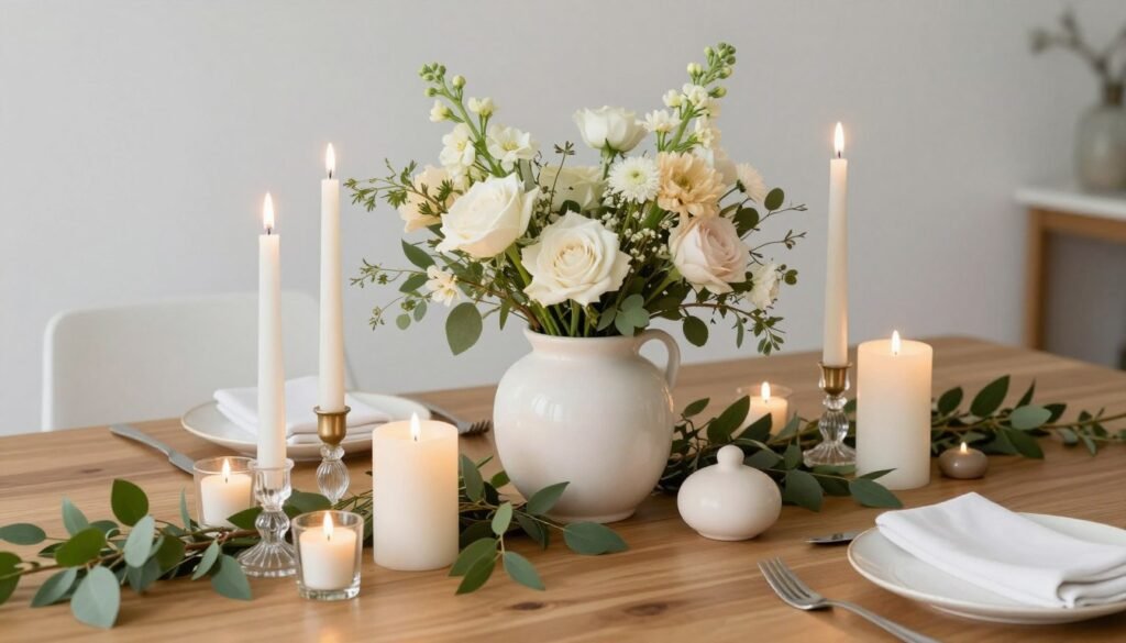 A beautifully arranged dining table centerpiece showing various components including a central vessel, candles at different heights, greenery, and decorative elements A beautifully arranged dining table centerpiece showing various components including a central vessel, candles at different heights, greenery, and decorative elements