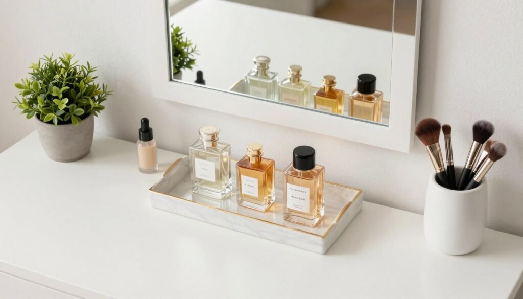 A beautifully arranged vanity surface with strategic placement of daily essentials and decorative elements