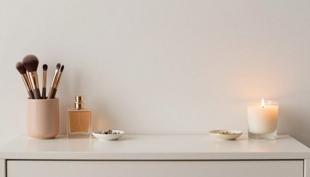 A beautifully curated vanity top with carefully selected items arranged with intentional negative space