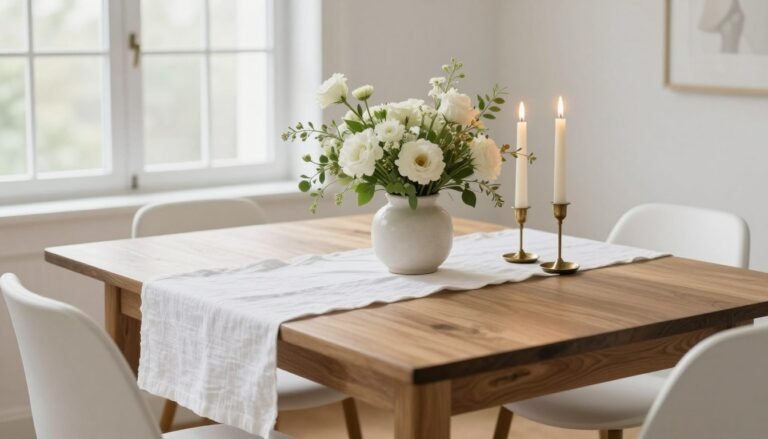 A beautifully decorated dining table with simple elements including a neutral runner, fresh flowers, and candles creating an inviting atmosphere
