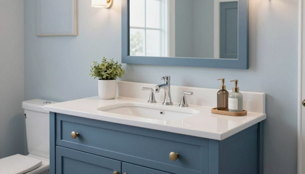 A beautifully designed bathroom featuring a blue vanity as the centerpiece, with coordinating accessories, perfect lighting, and thoughtful styling creating a cohesive, inviting space