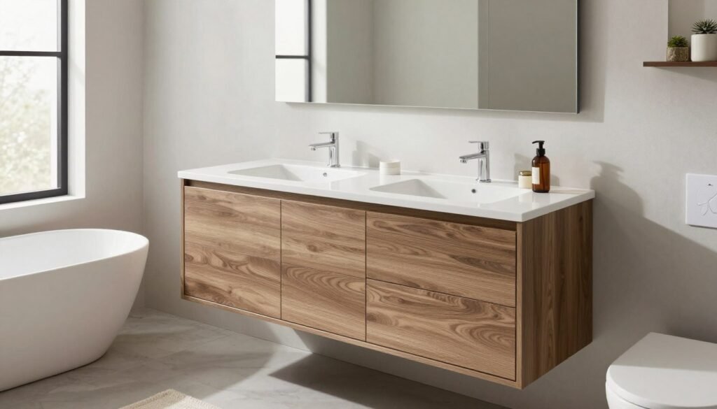 A beautifully designed bathroom featuring a custom vanity that perfectly balances style and functionality