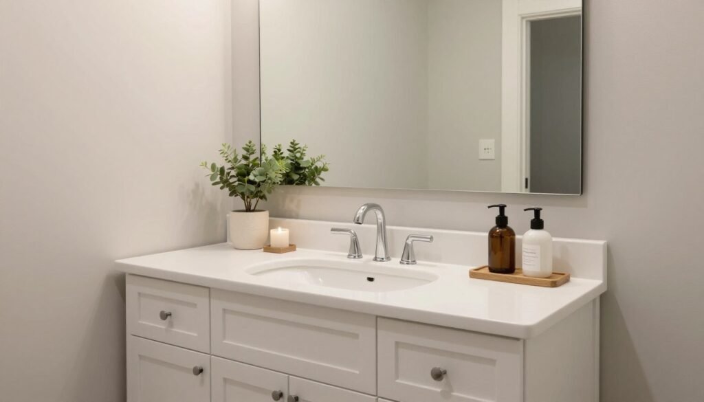 A beautifully designed bathroom featuring a white vanity as the centerpiece