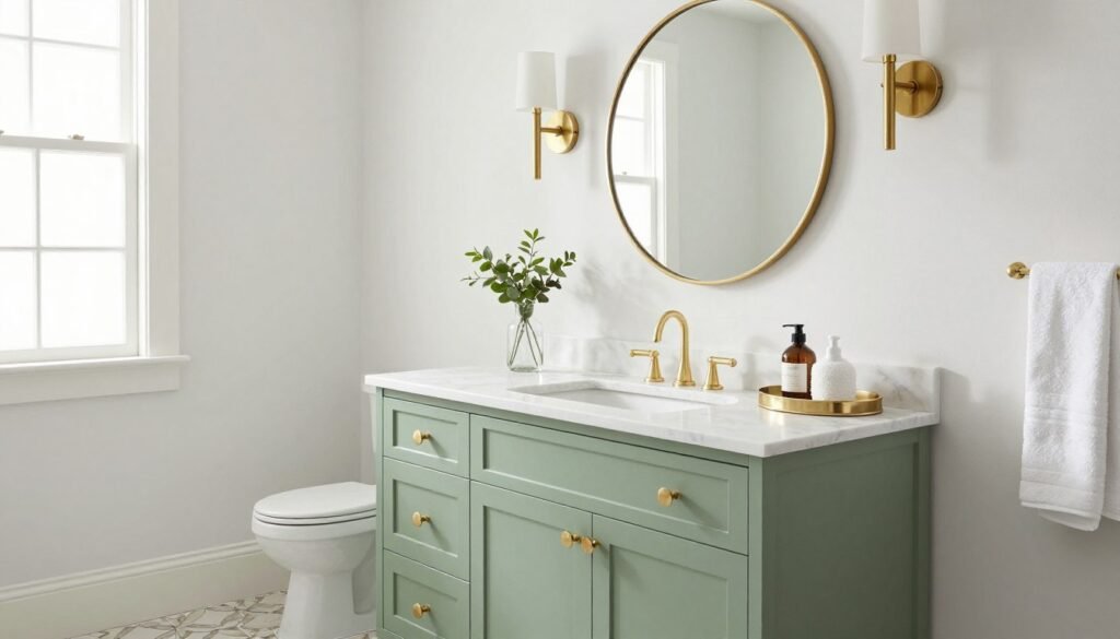 A beautifully designed bathroom with a sage green vanity as the focal point surrounded by complementary elements