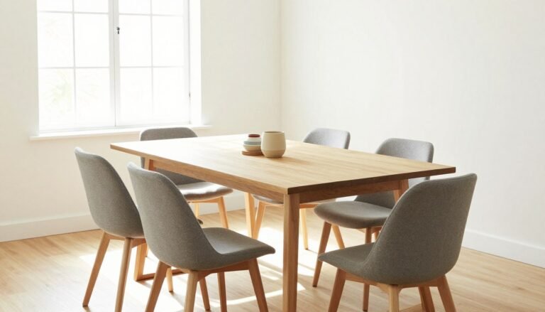 A beautifully designed dining area featuring a wooden rectangular dining table with stylish chairs in a bright, airy space