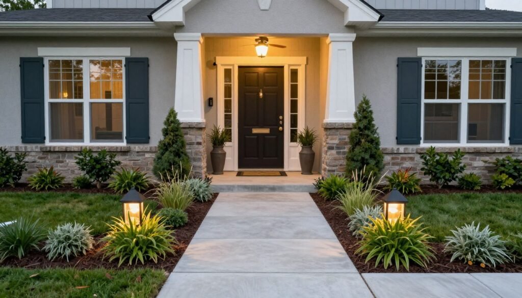 A beautifully designed front entry landscape that combines all elements discussed in the article into a cohesive, welcoming approach to a home