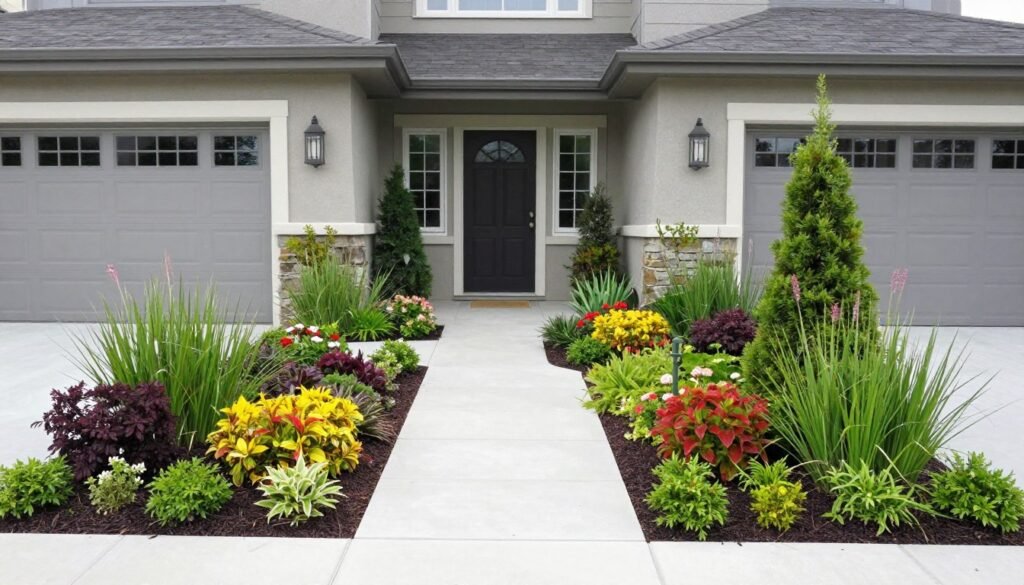 A beautifully designed front house landscape with harmonious elements creating curb appeal