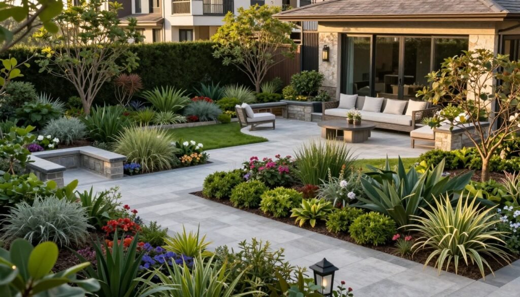 A beautifully designed landscape with multiple elements including garden beds, pathways, seating areas, and thoughtful plantings creating a cohesive outdoor space