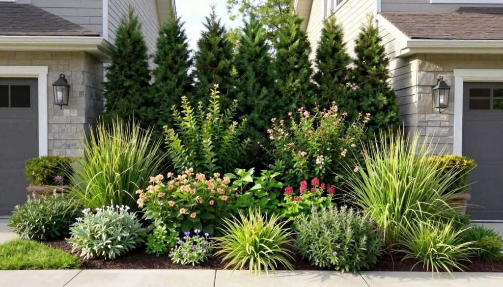 A beautifully designed layered privacy landscape with various heights of plants creating depth and interest