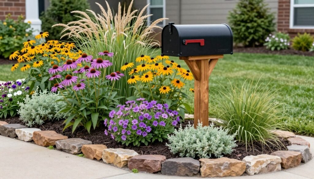 A beautifully finished mailbox landscaping project with flowering perennials, ornamental grasses, and decorative stone creating stunning curb appeal