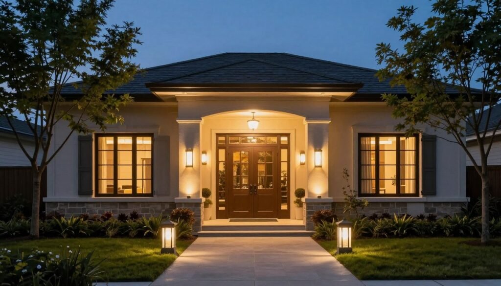 A beautifully lit front entry at dusk showing layered lighting including path lights, uplighting on trees, and warm porch lighting