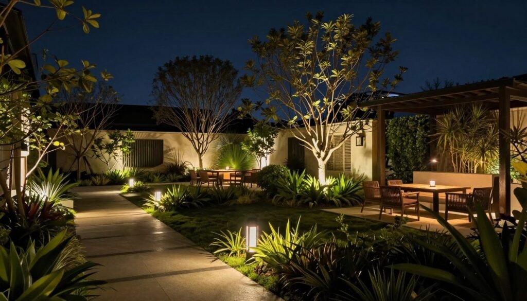 A beautifully lit garden at night with pathway lights, uplighting on trees, and ambient lighting creating a magical atmosphere