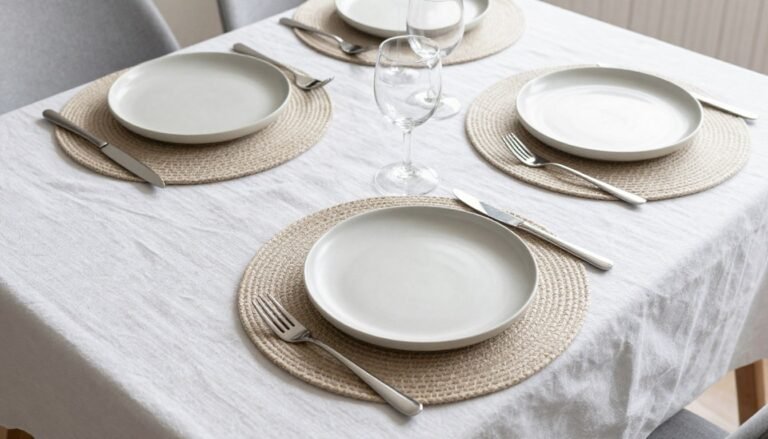 A beautifully set dining table with white linen tablecloth, neutral placemats, and simple ceramic dinnerware