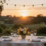 A beautifully set outdoor dining table at sunset with string lights overhead, surrounded by lush greenery