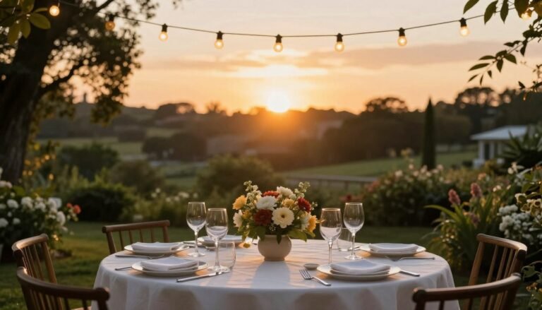 A beautifully set outdoor dining table at sunset with string lights overhead, surrounded by lush greenery
