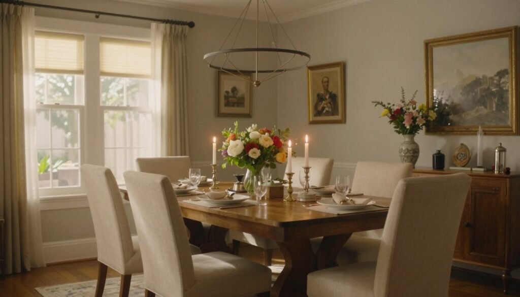 A beautifully styled Nancy Meyers inspired dining room ready for a gathering