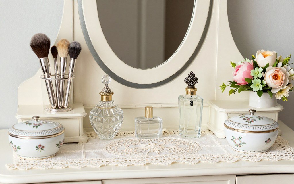 A beautifully styled Victorian vanity with silver-backed brushes, crystal perfume bottles, and fresh flowers