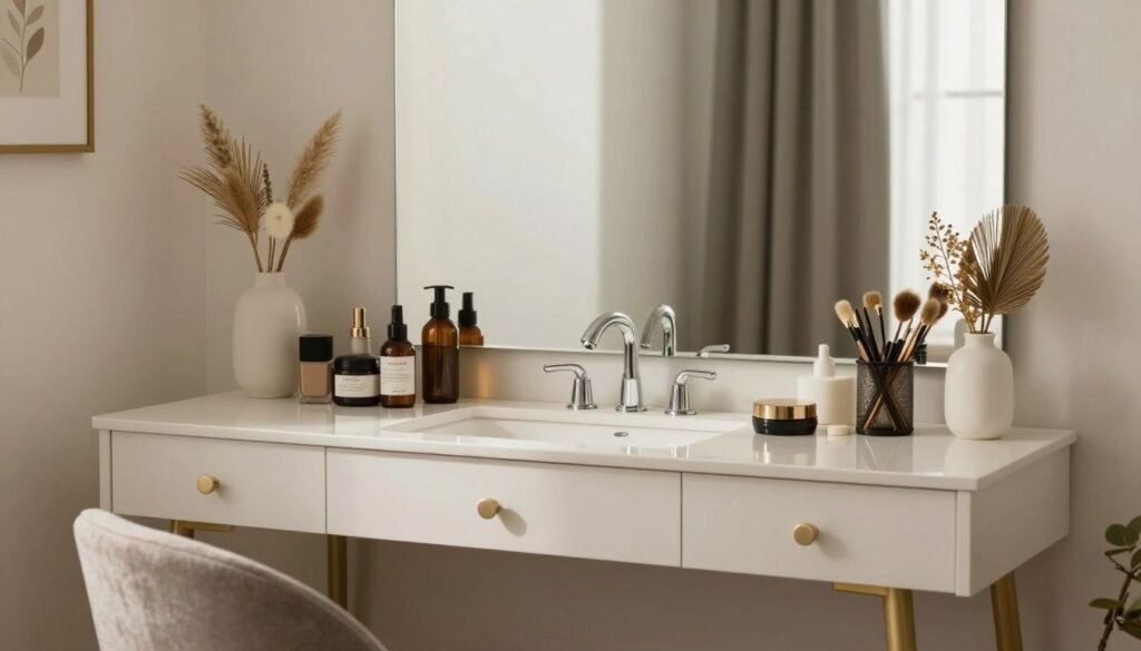 A beautifully styled aesthetic vanity that combines functionality with personal style, creating an inviting beauty space