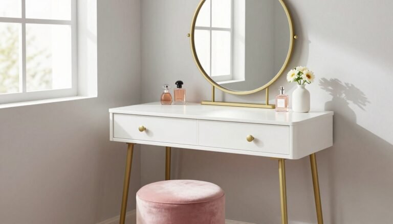 A beautifully styled bedroom vanity with an elegant mirror, plush stool, and decorative accessories