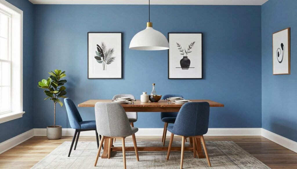 A beautifully styled blue dining room showing all elements coming together