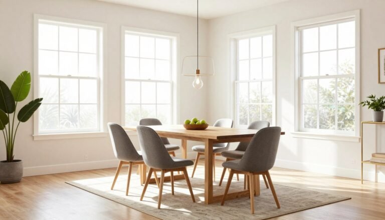 A beautifully styled dining room with elegant dining chairs around a wooden table