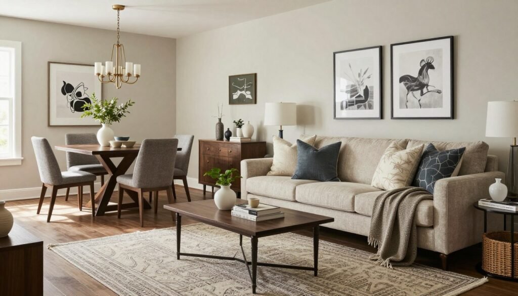 A beautifully styled living room dining room combo featuring layered textures, statement lighting, and thoughtful decor elements that create visual interest while maintaining cohesion