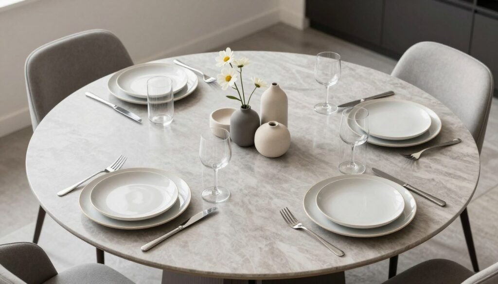 A beautifully styled modern dining table with centerpiece and place settings